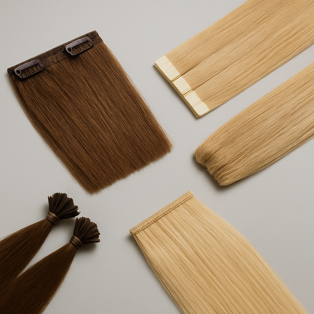 Assortment of clip-in, tape-in, keratin bond, and hand-tied weft hair extensions
