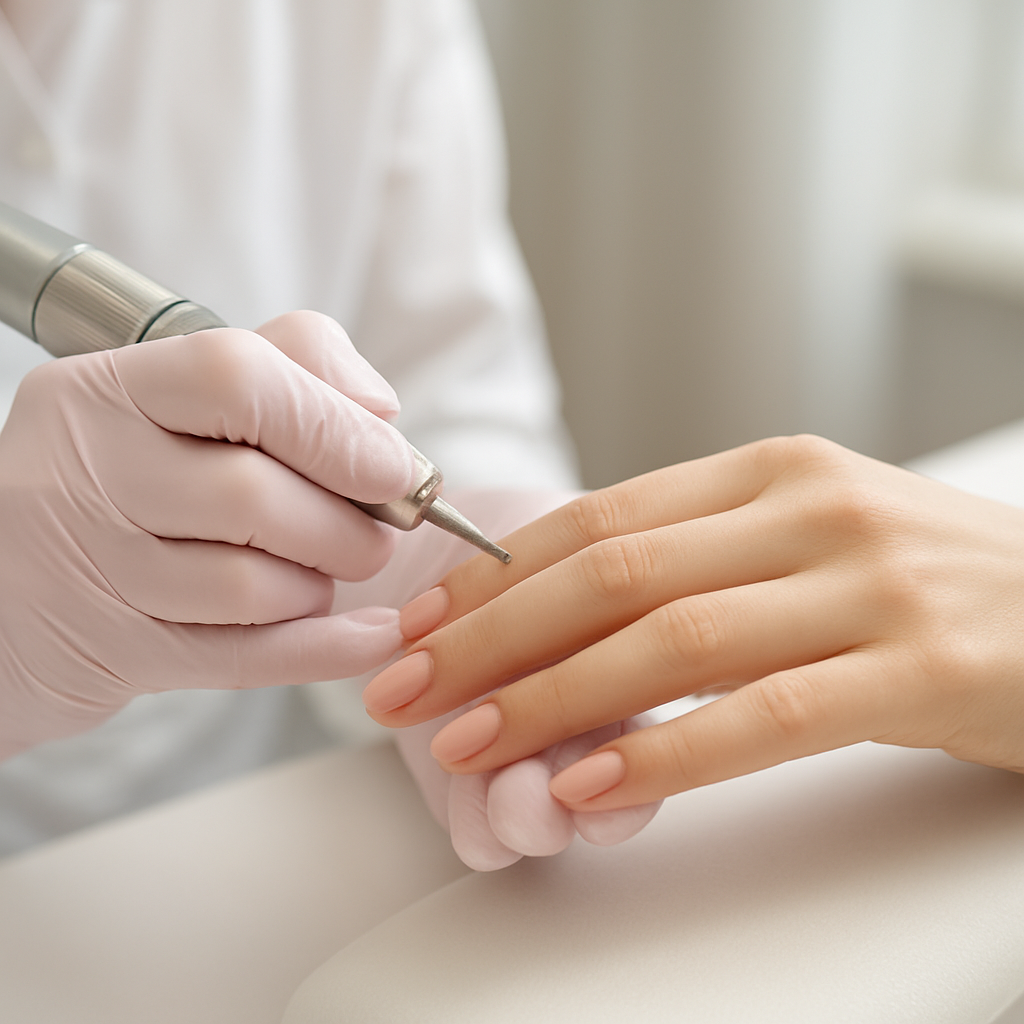 Russian manicure performed with an electric e-file drill gently working around the cuticle