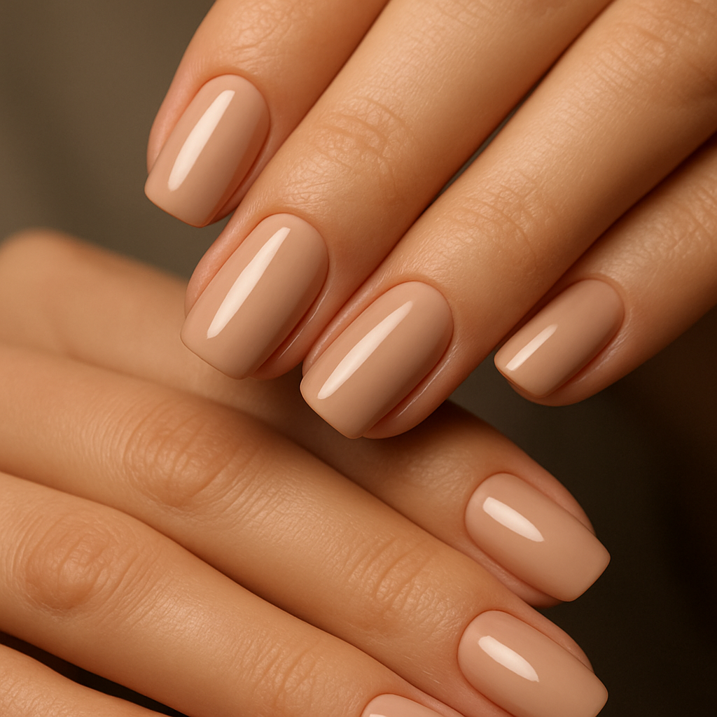 Beautifully finished Russian manicure with clean cuticles and glossy nude polish