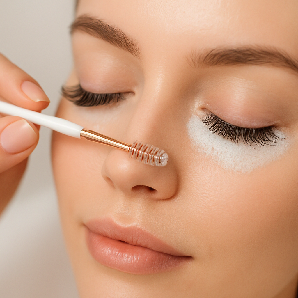 Gentle cleansing of eyelash extensions with a soft spoolie brush and foam cleanser