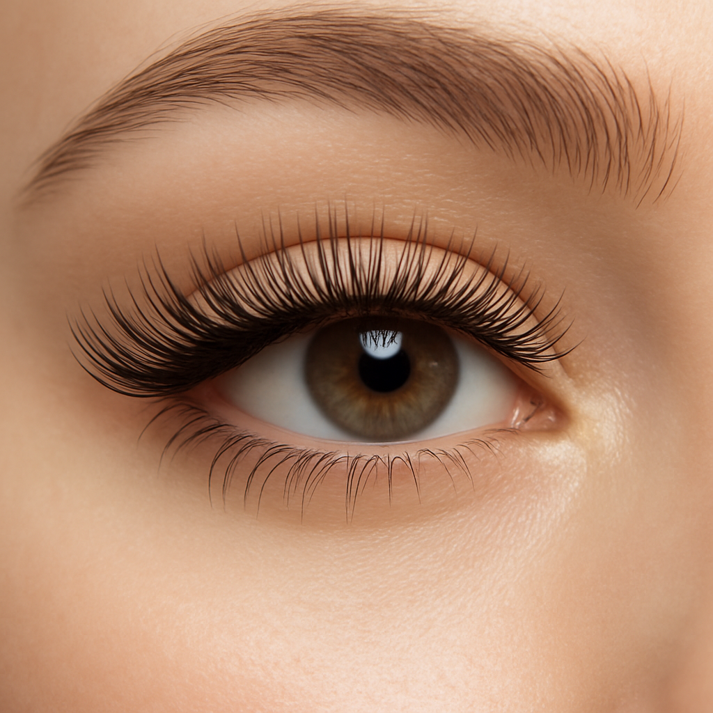 Extreme close-up of a woman's eye with neatly applied classic eyelash extensions