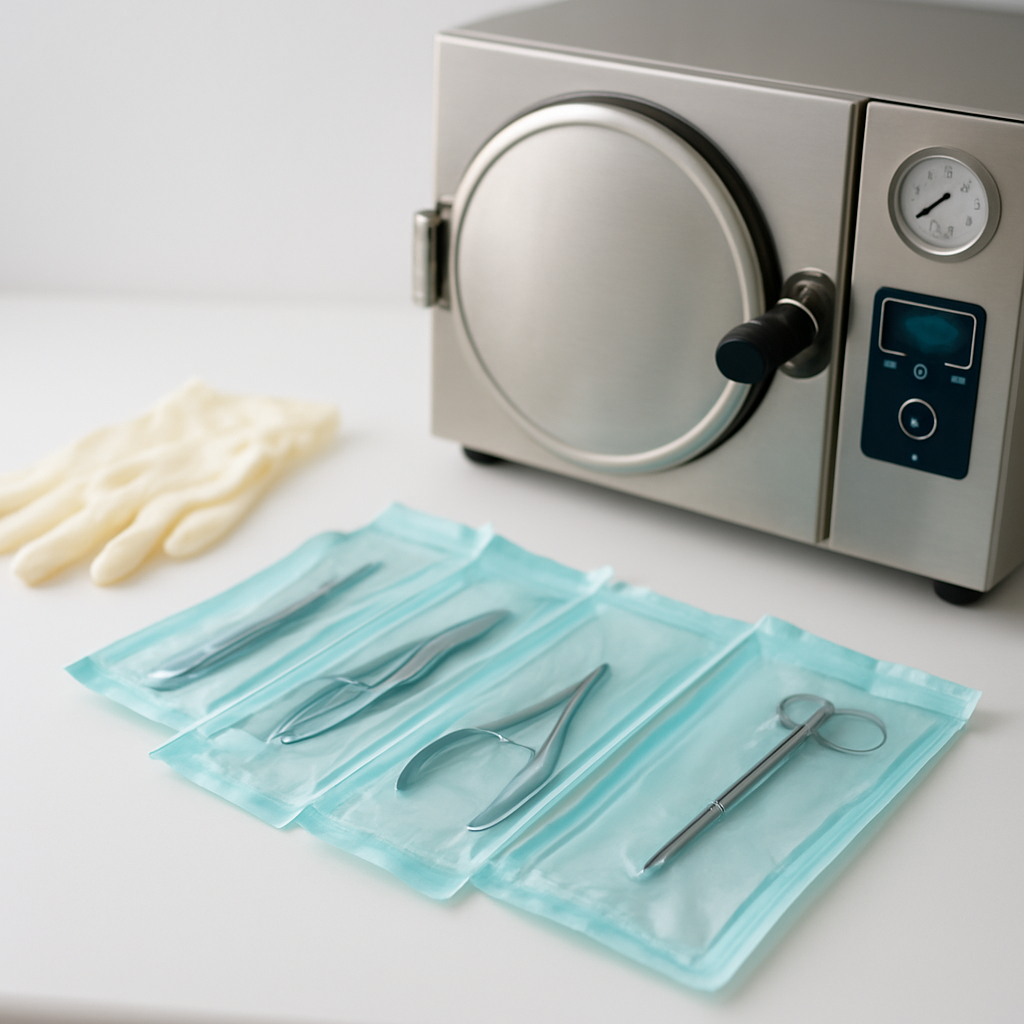 Sterilized nail tools in sealed pouches and an autoclave sterilizer on a clean salon counter