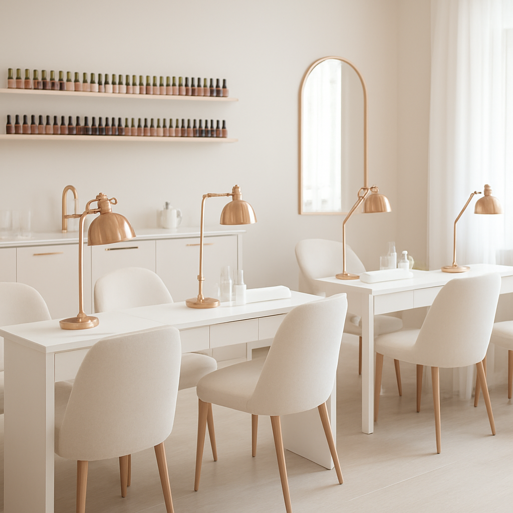 Clean and elegant modern nail salon interior with organized manicure stations