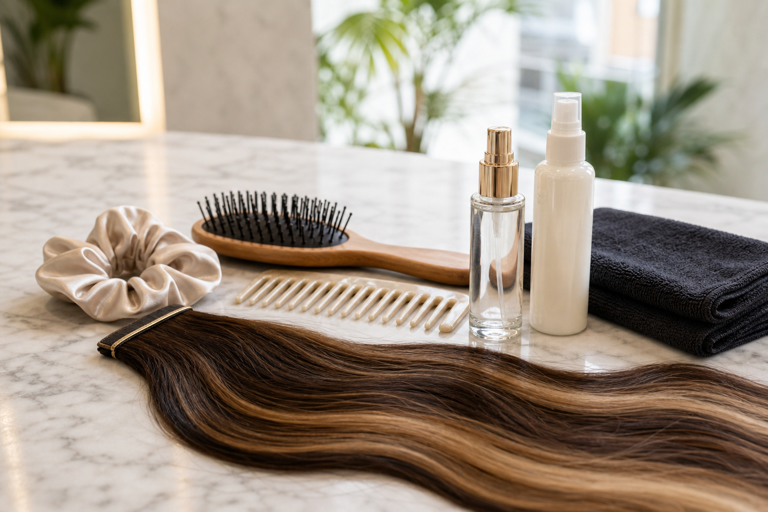 Hair extension care kit with brush lightweight leave-in spray heat protectant and silk scrunchie