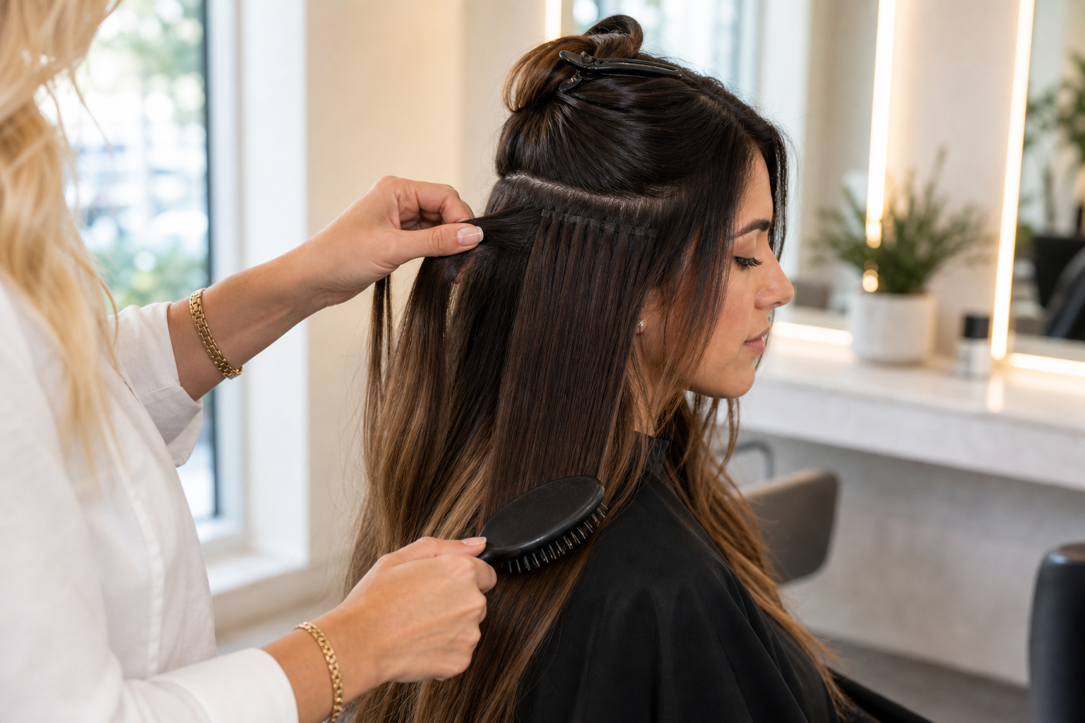 Stylist checking hair extension attachment points during a maintenance appointment