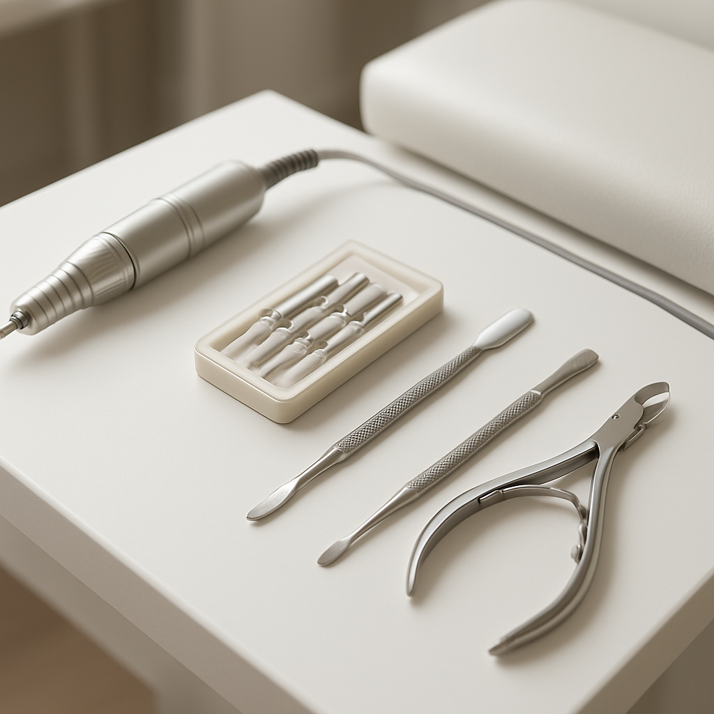 Neatly arranged sanitized Russian manicure tools and e-file drill on a clean station