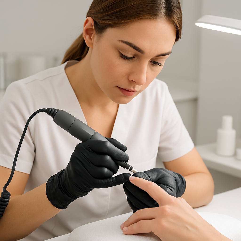 Skilled nail technician performing a precise Russian manicure with an e-file drill