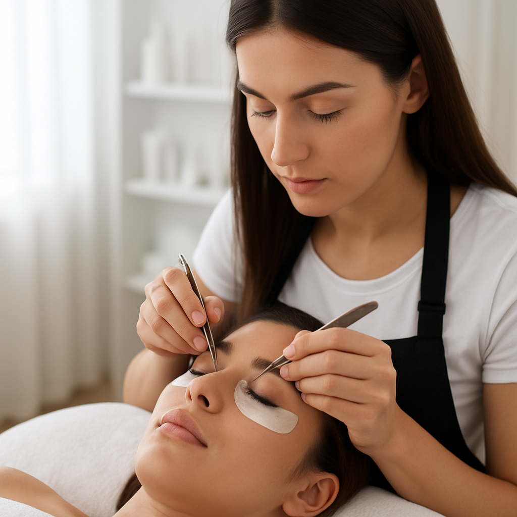 Lash artist applying individual eyelash extensions with tweezers to a relaxed client