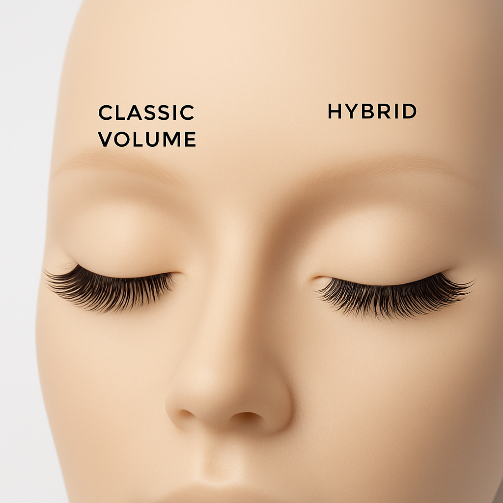 Comparison of classic, volume, and hybrid eyelash extension styles on a lash display