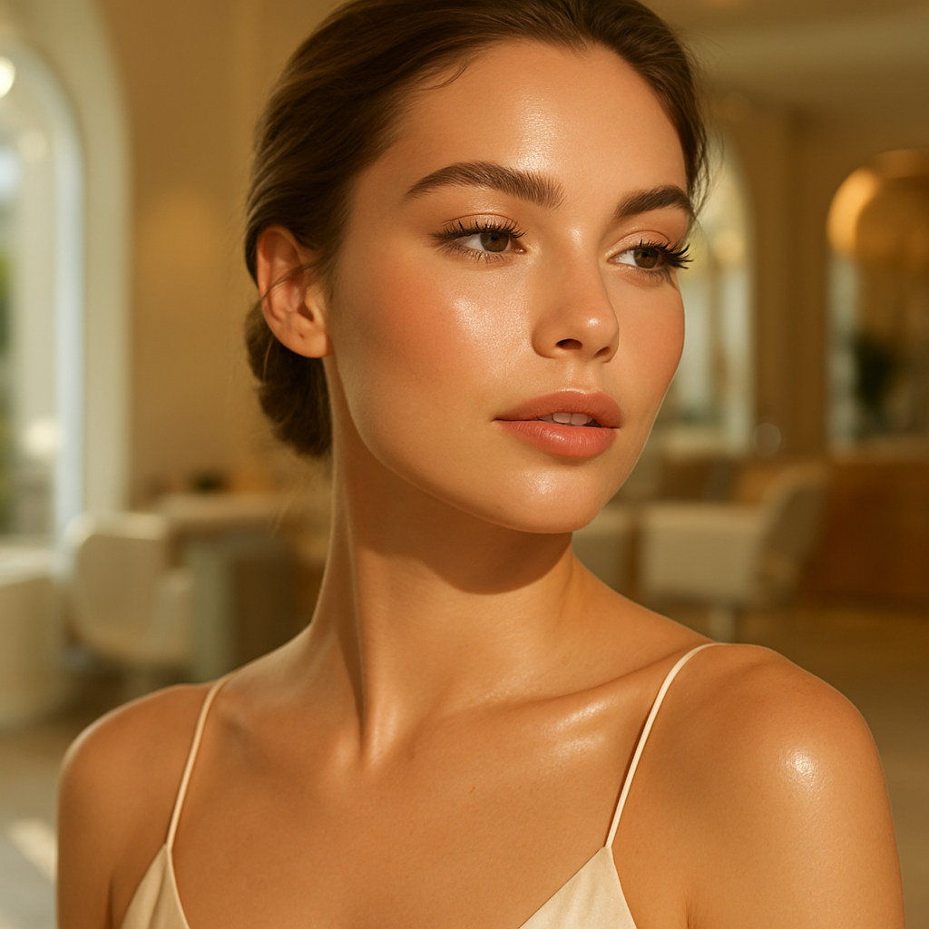 Elegant woman with natural-looking lash extensions and glowing dewy skin in a Miami salon