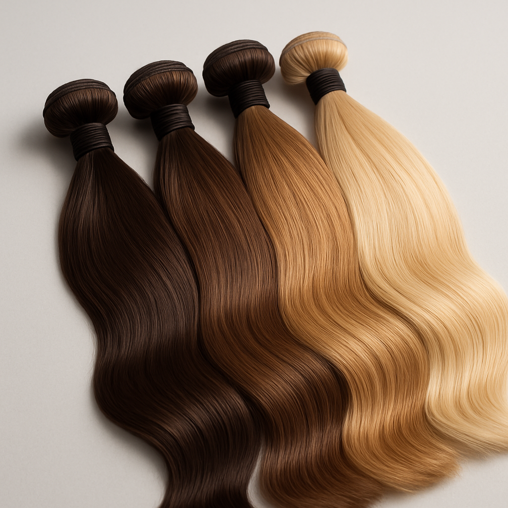 Premium human hair extension bundles in various natural shades showing quality and shine