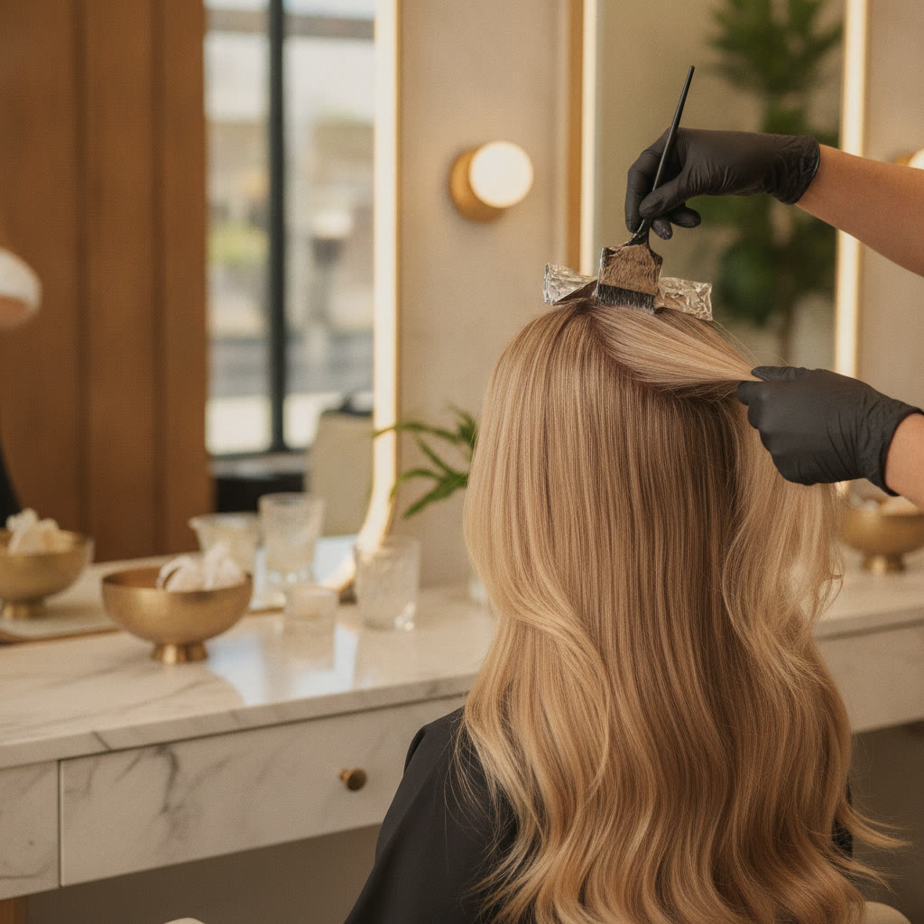 Stylist in black gloves applying a root bleach and tone treatment to a client's long blonde hair at a salon.